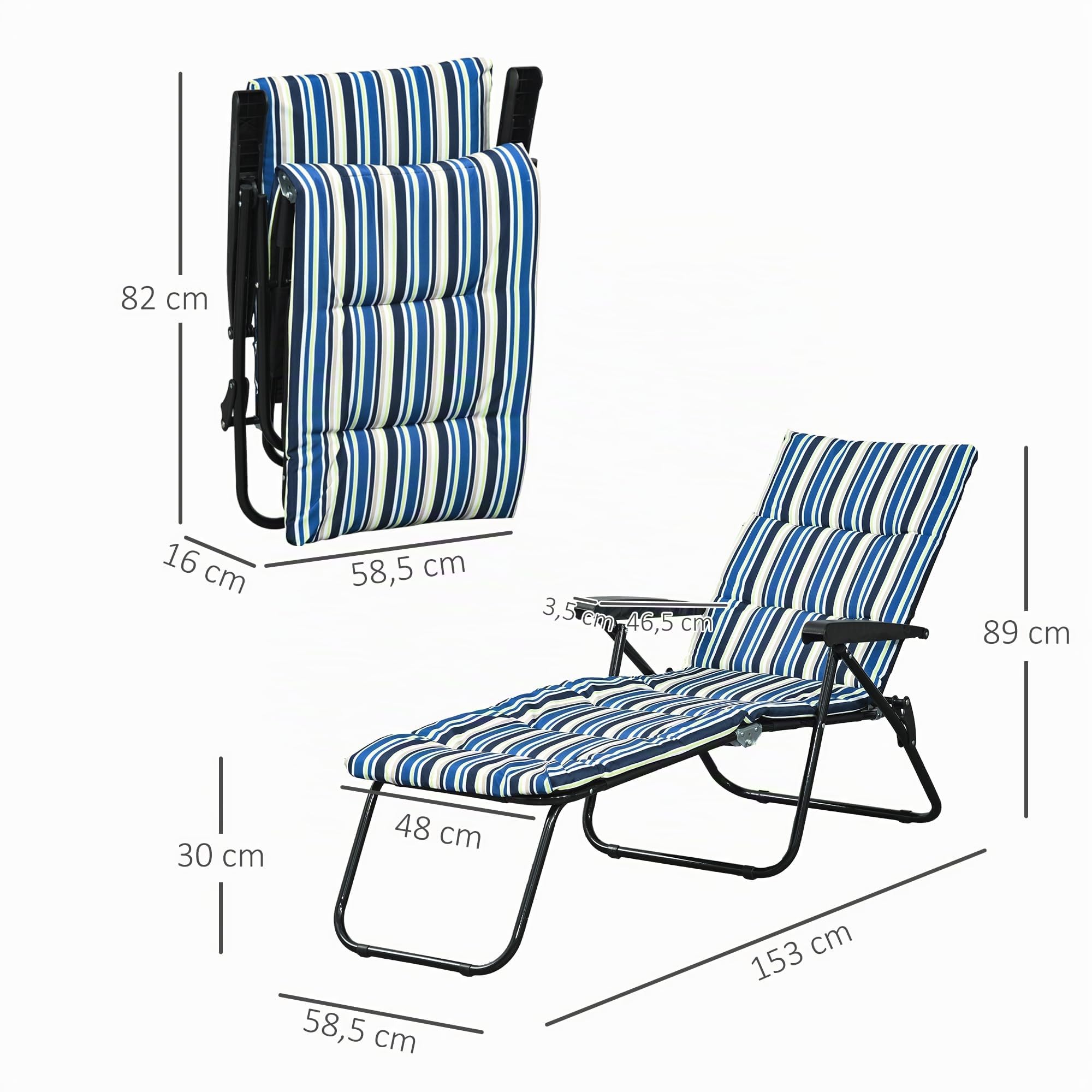 Outsunny Bain de Soleil Pliable Transat Inclinable 6 Positions Multicolore | Grand Confort, Avec Matelas, Accoudoirs, Acier Polyester, leger, Jardin Extérieur