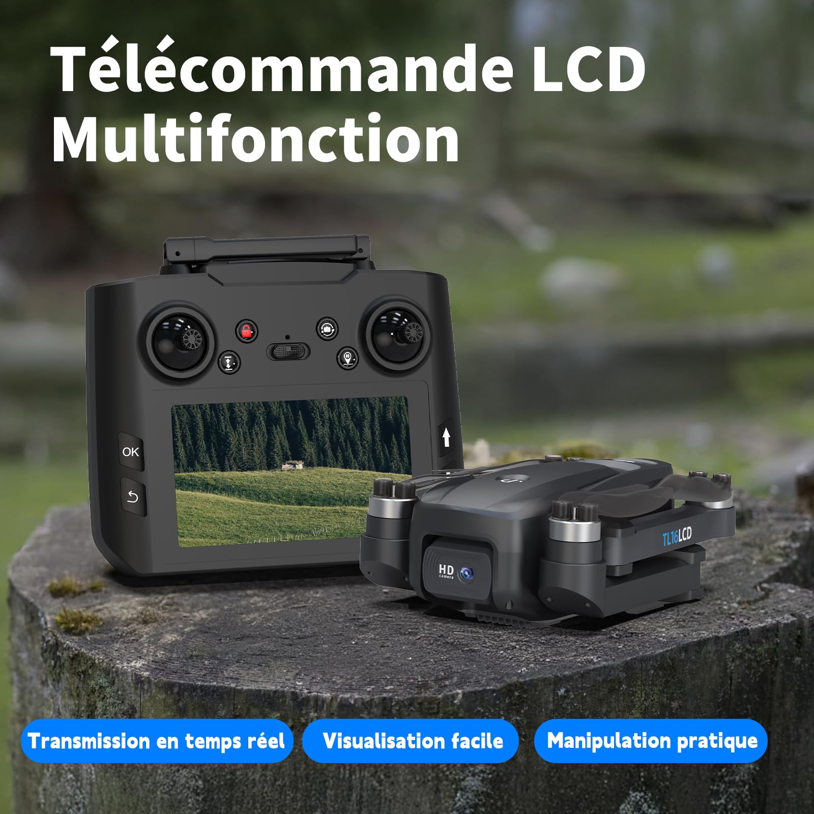 TL16LCD Drone avec Camera 4K, Drone GPS pour Débutants avec Télécommande LCD Retour Automatique Follow Me Transmission en Temps Réel 5G Drones FPV pour Adultes