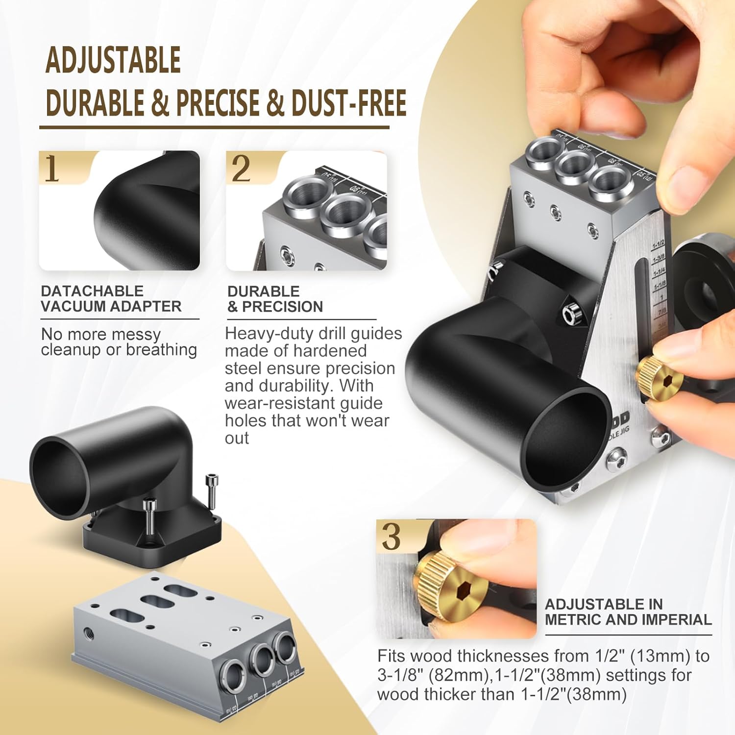 Pocket Hole Jig Kit, Professional Metal Pocket Screw Jig System with Detachable Vacuum Adapter, Sharp and Durable 3/8" Titanium Drill Bits (3-Pack, 2025 Upgraded), Fits 1/2" to 3-1/8" Thick Wood - Image 2