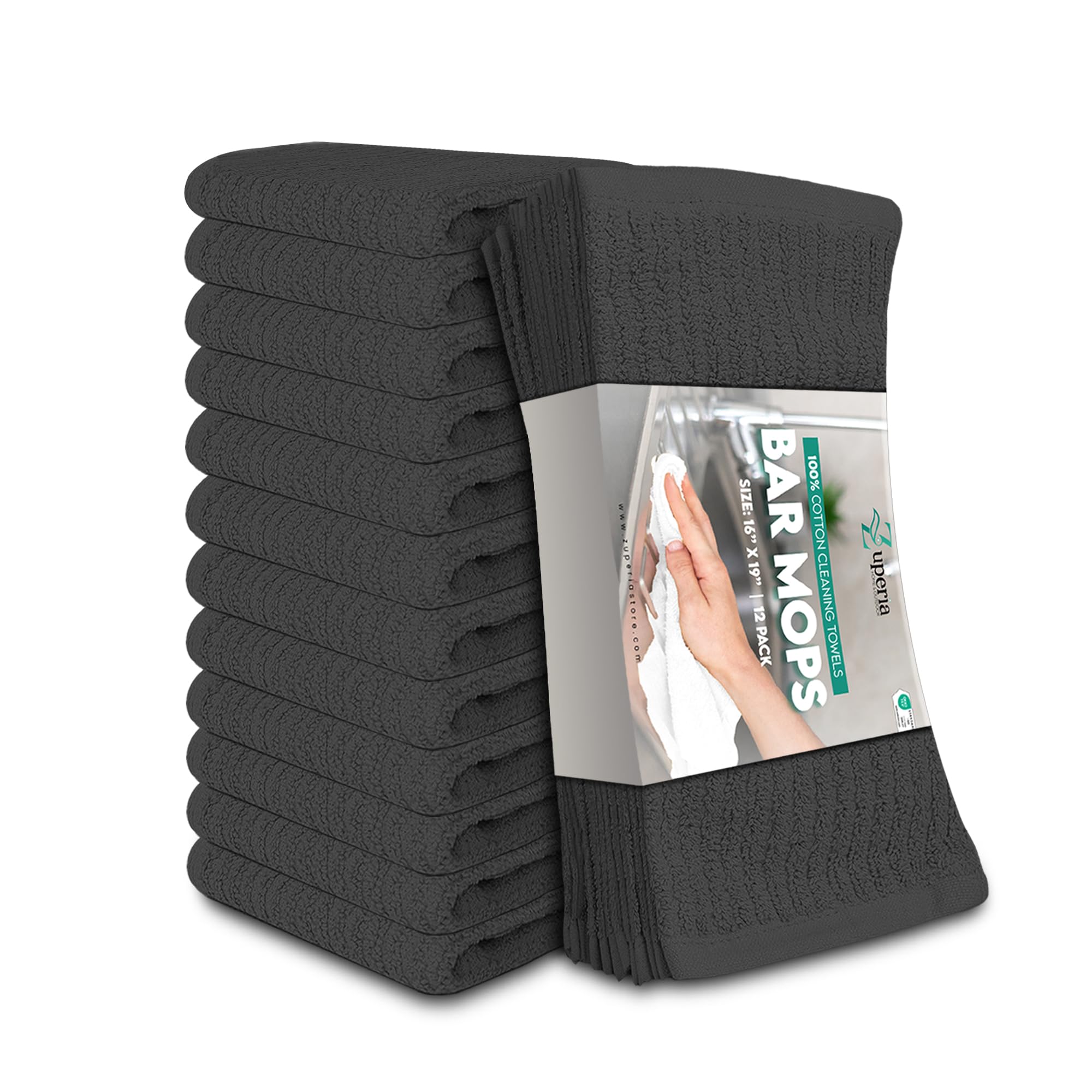 ZUPERIA Bar Mop Kitchen Towels - Pack of 12 (16" x19”) 100% Ring Spun Cotton - Dish Washcloths for Superb Cleaning and Less Lint - Highly Absorbent