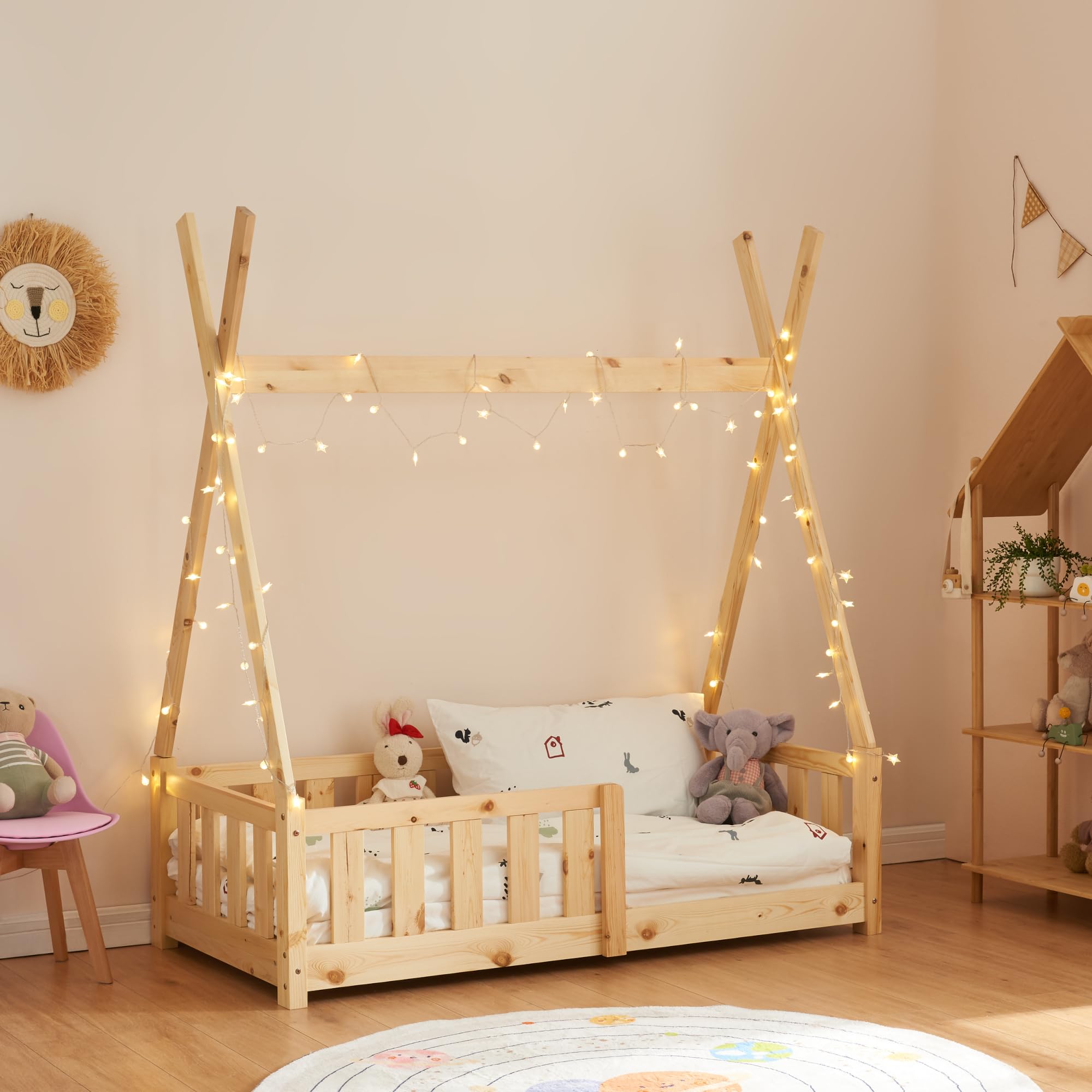 [en.casa] Cama para Niños Helsingborg Pequeños Estructura Tipi Indio Cama Montessori con Somier Cama Infantil con reja de Seguridad Carga máx. 80 kg Madera Pino 70 x 140 cm - Natural