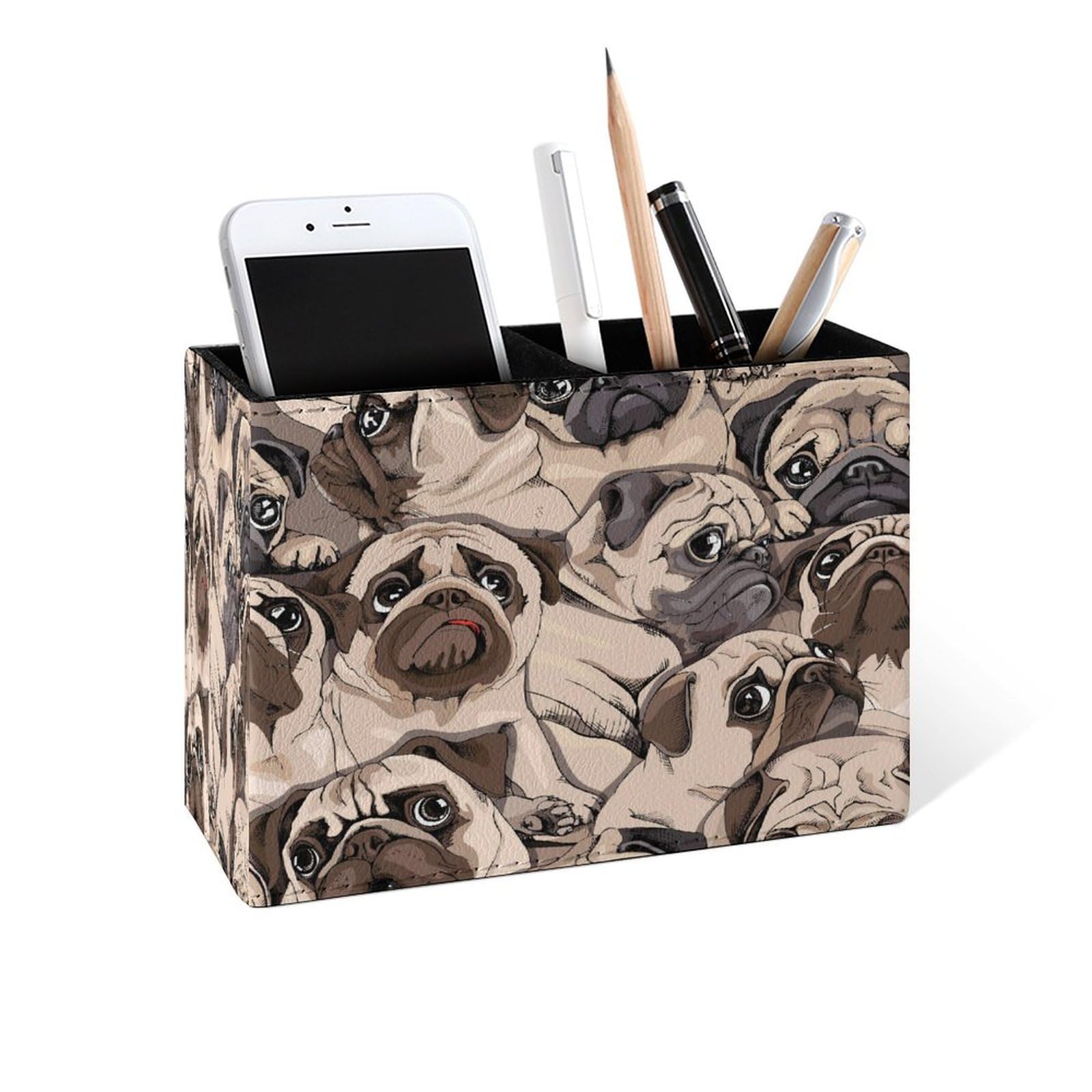 Famame Vintage Humor Pug Dogs Pencil Holder for Desk, Leather Desktop Container Pen Cup Storage Study Table Pen Organizer Makeup Brushes Holder for Office Home