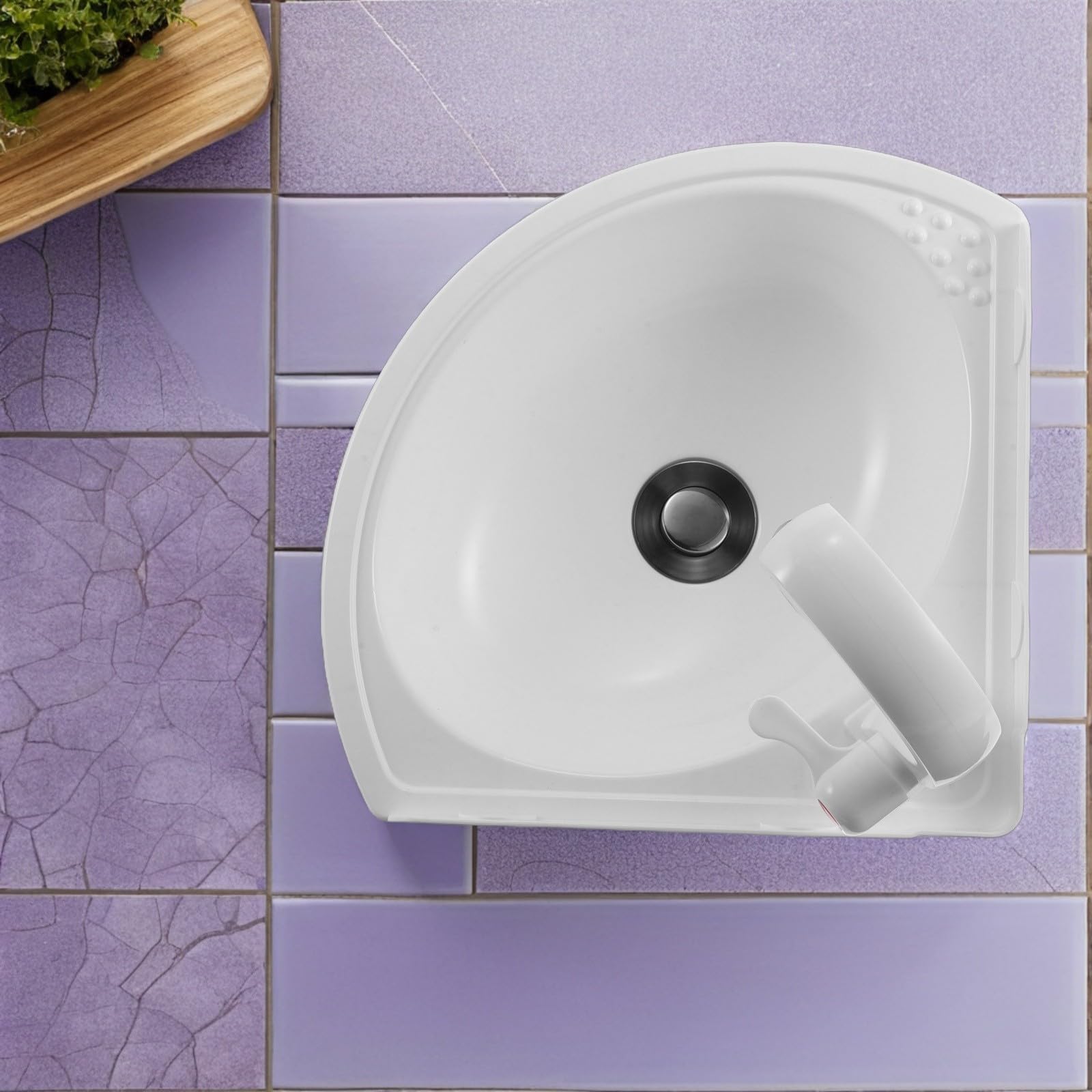 OUNONA Lavabo de Esquina Pequeño de Plástico Blanco, Fácil de Limpiar y Mantenimiento, Diseño Semicircular Moderno para Baños y Porches Pequeños