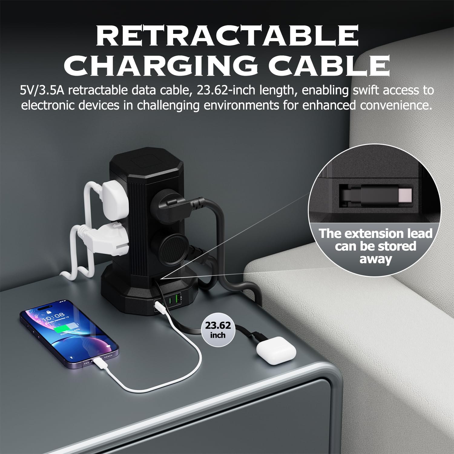 Multiprise avec 4 USB,Tour Multiprise avec câble rétractable Type-C
