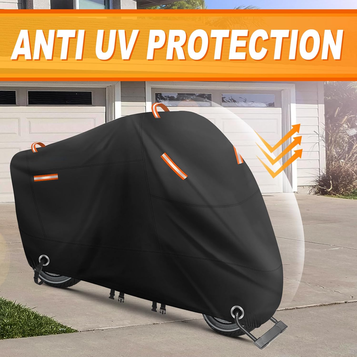 300D Heavy Duty Motorcycle Cover, All Season Waterproof Outdoor Scooter Cover with 4 Reflective Strip, 2 Lock-Hole, 2 Reflective Handle Fits up to 98" Honda Yamaha Suzuki Kawasaki (XXL: 98"x41"x50")