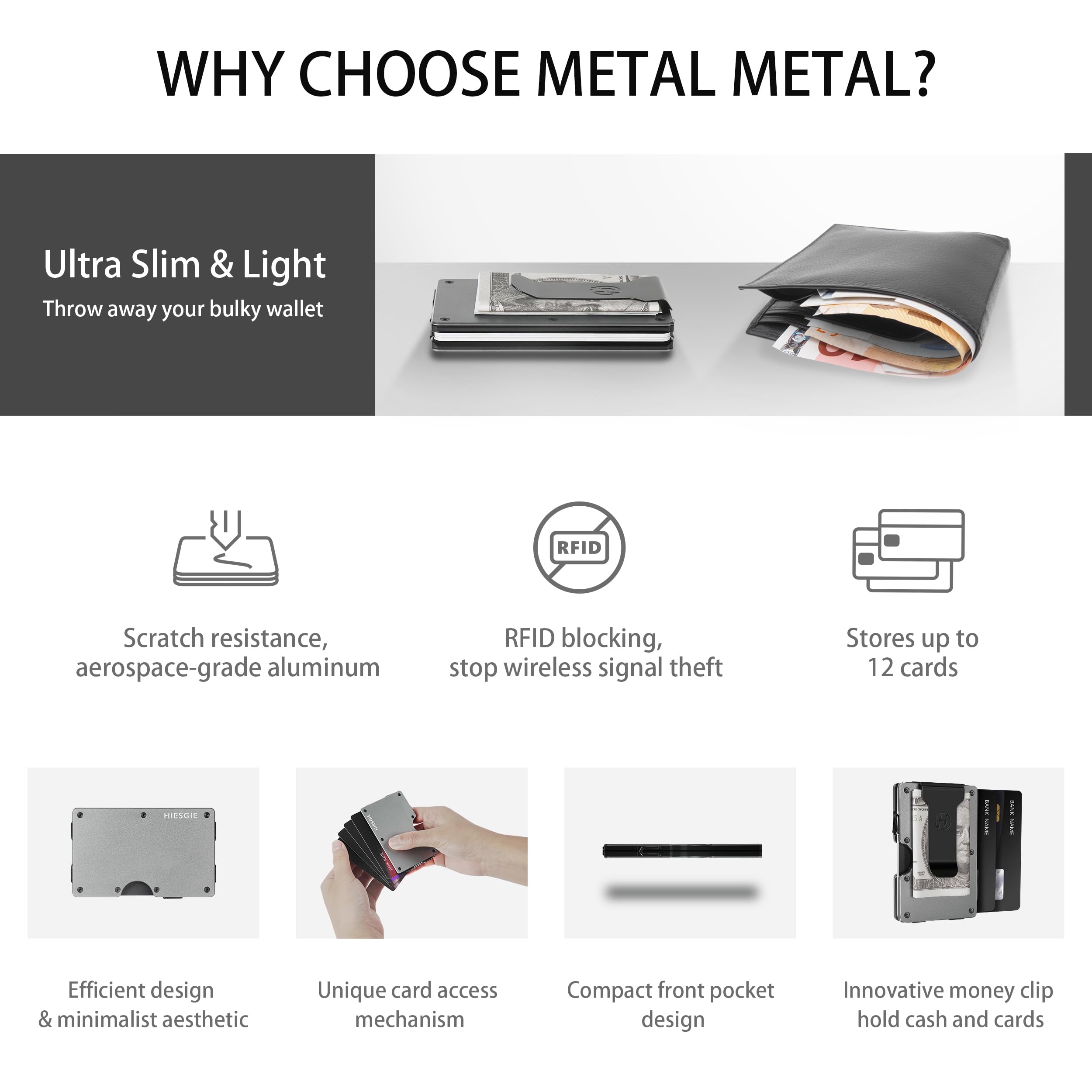 HIESGIE Minimalist Metal Wallet for Men - Slim RFID BLOCKING Wallets with Removable Money Clip - Mens Front Pocket Aluminum Small Credit Card Holder - Gunmetal Gray