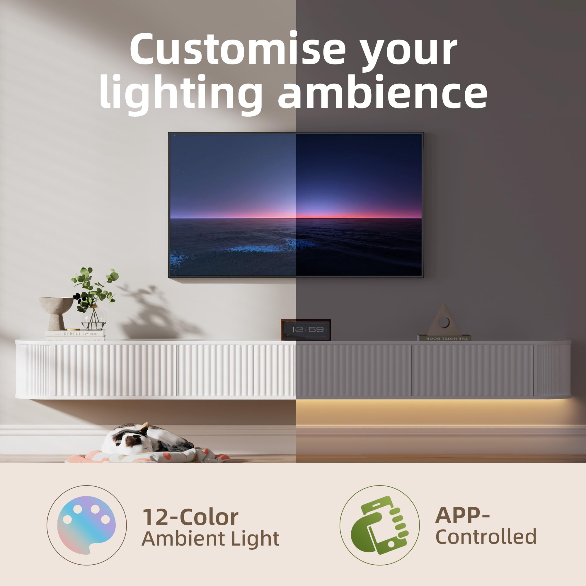 Meuble TV Suspendu Flottant avec Lumières LED RGB – Meuble TV Mural Moderne Blanc 220 cm Longueur, Profondeur 31 cm pour Rangement Amélioré, pour Téléviseurs 85 à 95 Pouces