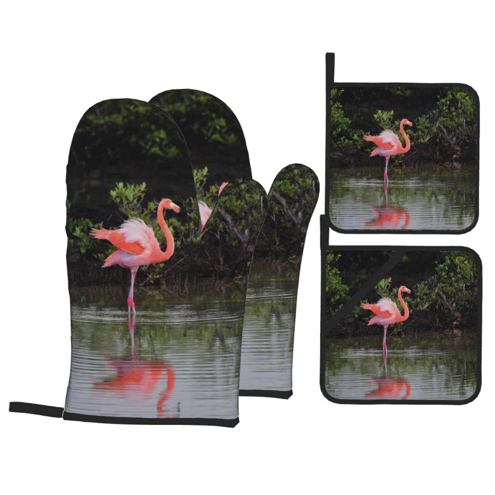 Two Flamingos Print Stylish Heat-Resistant Oven 4-Piece Set Kitchen Gloves Roasting Daily Cooking