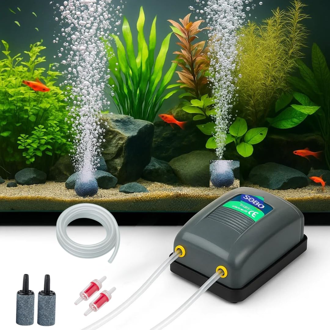 VAYINATO Sobo Sb-648 Dual Outlet Silent Aquarium Qxygen Pump With Free 3 Meter Air Tube, 2 Air Stone And 2 Check Valve|Power : 5W|Output : 2 * 4L/Min|Pressure : 2 * 0.02Mpa