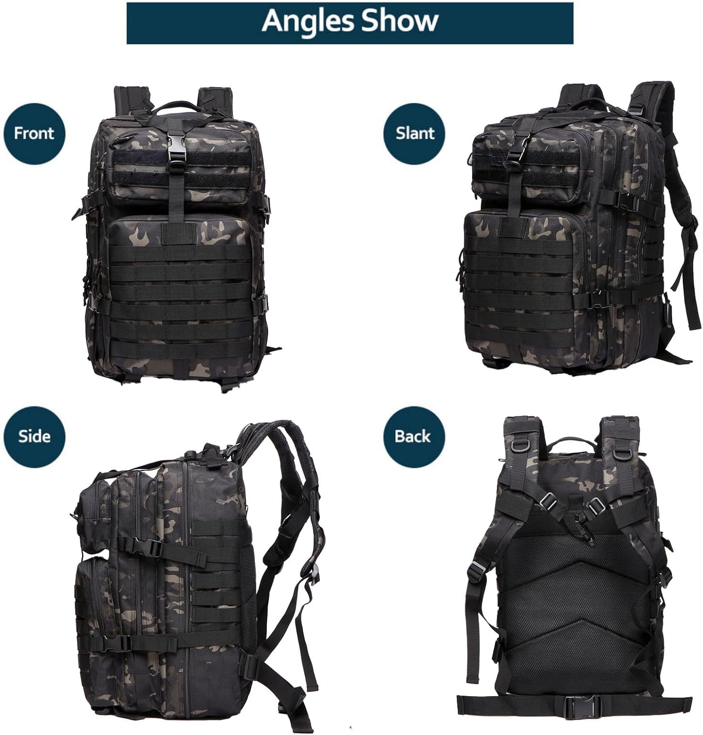 50L Sturdy Nylon Waterproof Fishing Hunting Backpack Outdoor Military Rucksacks Tactical Sports Camping Hiking Bags (Camo Black)