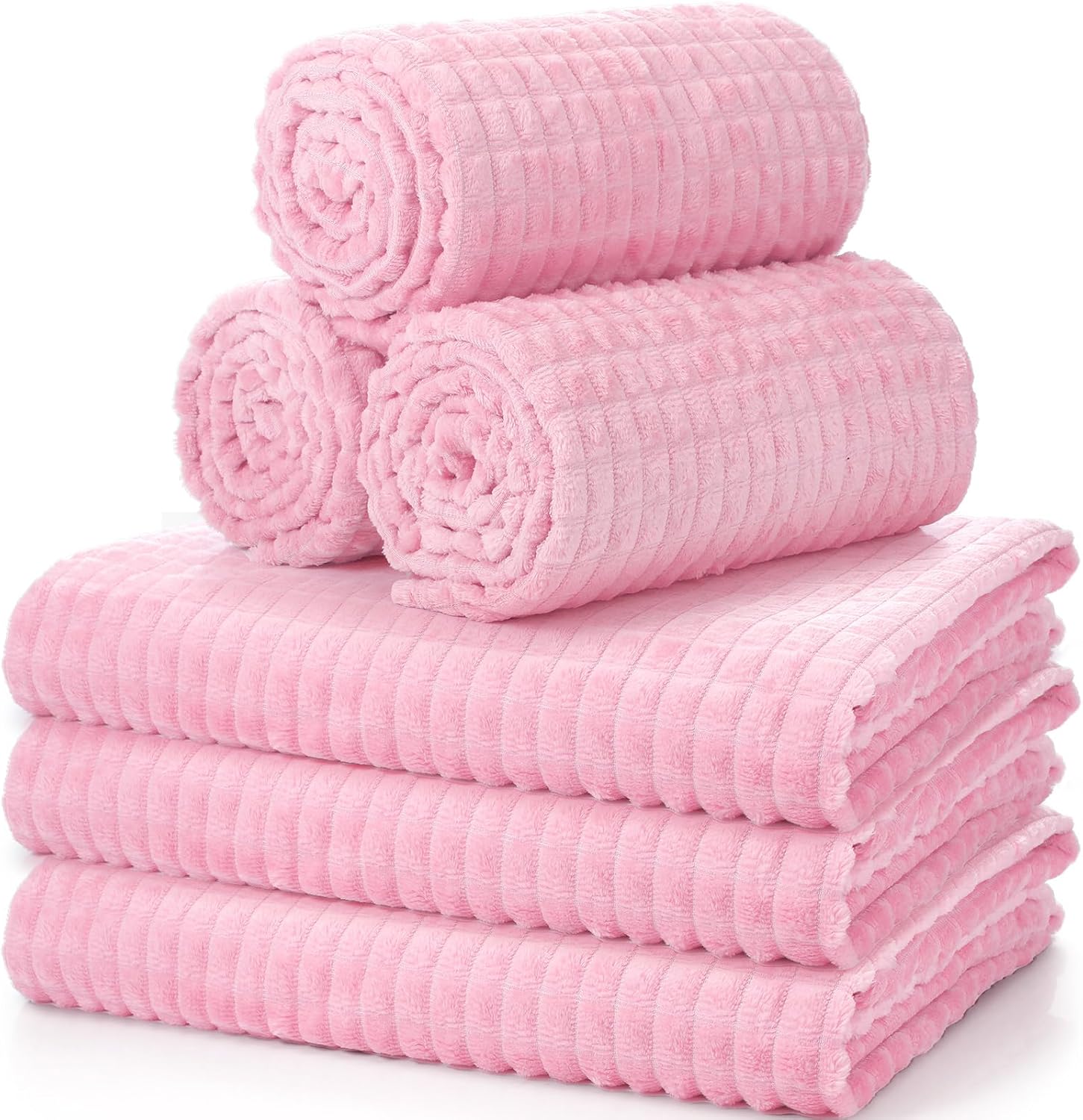 Buryeah 6 Pcs Flannel Fleece Throw Blanket Bulk 50 x 60 Inch Wedding Throw Blanket 3D Jacquard Grid Design Soft for Couch Sofa Chair Donation Homeless Gift (Pink)