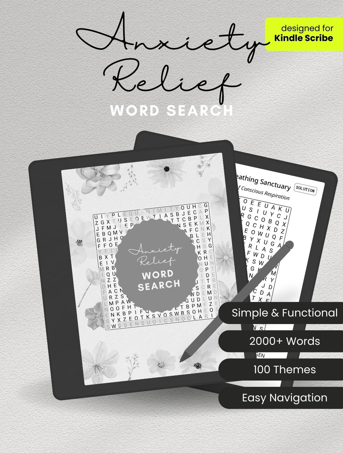Anxiety Relief Word Search (Kindle Scribe Only) : 2000 Words - 100 Themed Puzzles - For Adults, Seniors, and Teens