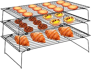 3-Tier Cooling Racks, 15.7&#34; x 10&#34; Stackable Baking Racks Non-Stick Stainless Steel Cookie Cooling Wire Rack for Cake Bread Bacon for Baking Sheet, Cooking, Roasting, Oven and Dishwasher Safe (Black)