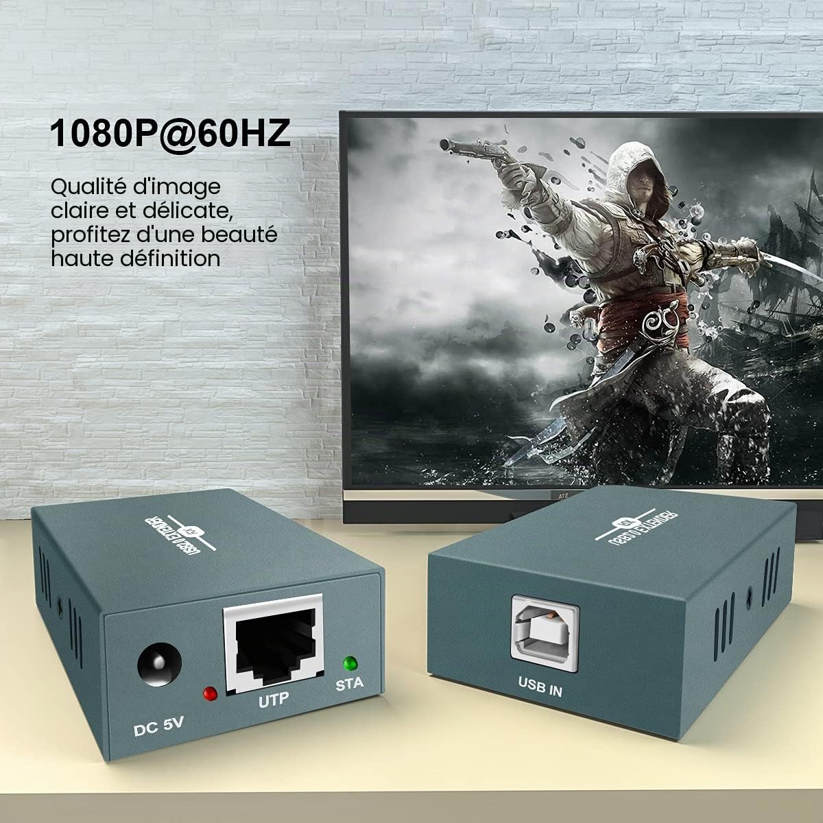 Extendeur USB 2.0 sur Ethernet RJ45, USB Extender Cat 5e/6/7 jusqu'à 50M | USB avec 4 Hubs, Transmission USB via Câble Réseau, Compatible Windows, MacOS et Linux, pour Bureau, Usine et Gestion