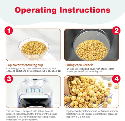 Miniatura 6 de Máquina para hacer palomitas de maíz de gran capacidad, 3 onzas (42% más de maíz que el estándar de 2 onzas), 2 minutos de estallido rápido, sin