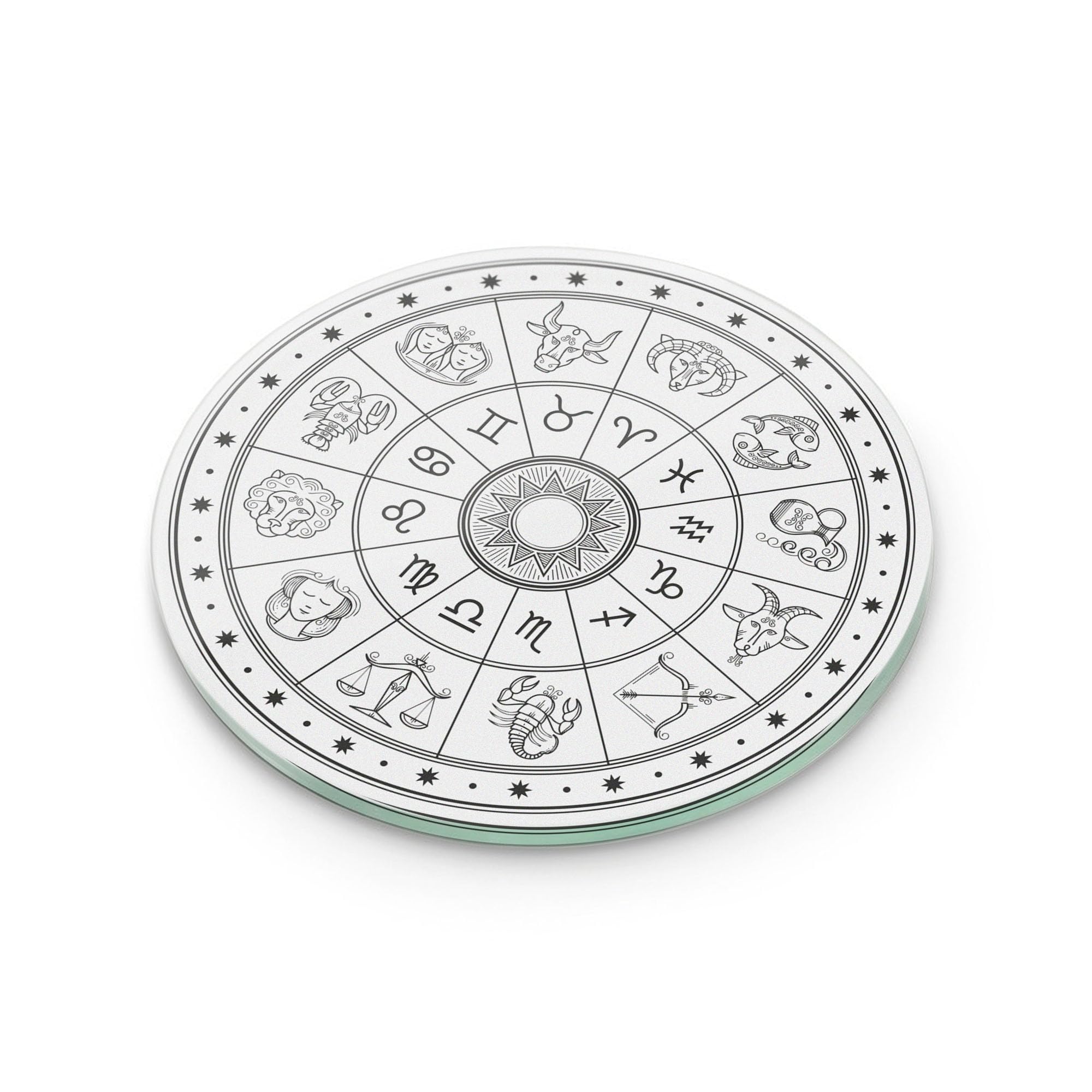 Zodiac Glass Coaster Round Tempered Glass Astrology Star Sign Celestial Horoscope Moon Phase Mystic Style Home Bar Accessory Gift (Plain Packaging)