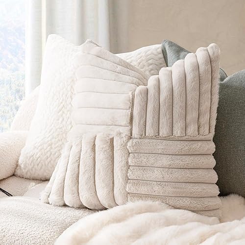 Miniatura 4 de Foindtower Paquete de 2 fundas de almohada decorativas de felpa de pelo sintético suave y esponjoso, funda de cojín lumbar acogedora a rayas,