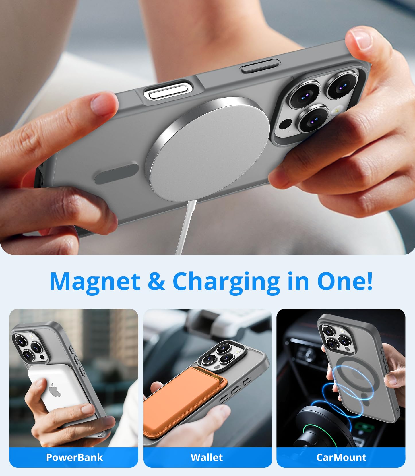 Vansdon Cover Magnetica per iPhone 16 Pro con 1 Pezzi Vetro Temperato, Compatibile con Magsafe, Protezione anticaduta di livello militare, Custodia Traslucida Opaca Sottile Antiurto-Grigio titanio