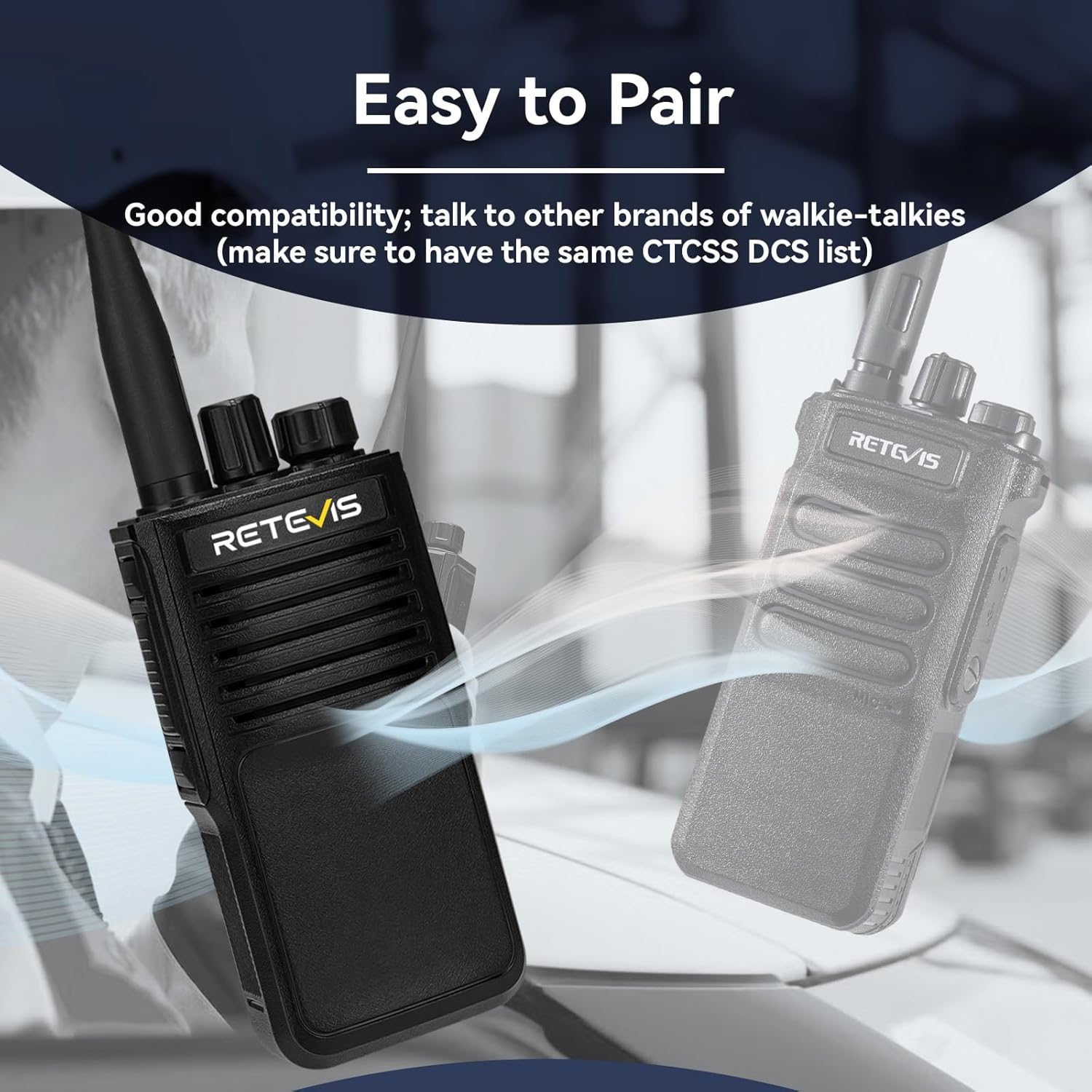 Two Retevis P2 radios illustrating the easy pairing feature, with one radio in focus and the other slightly blurred in the background.