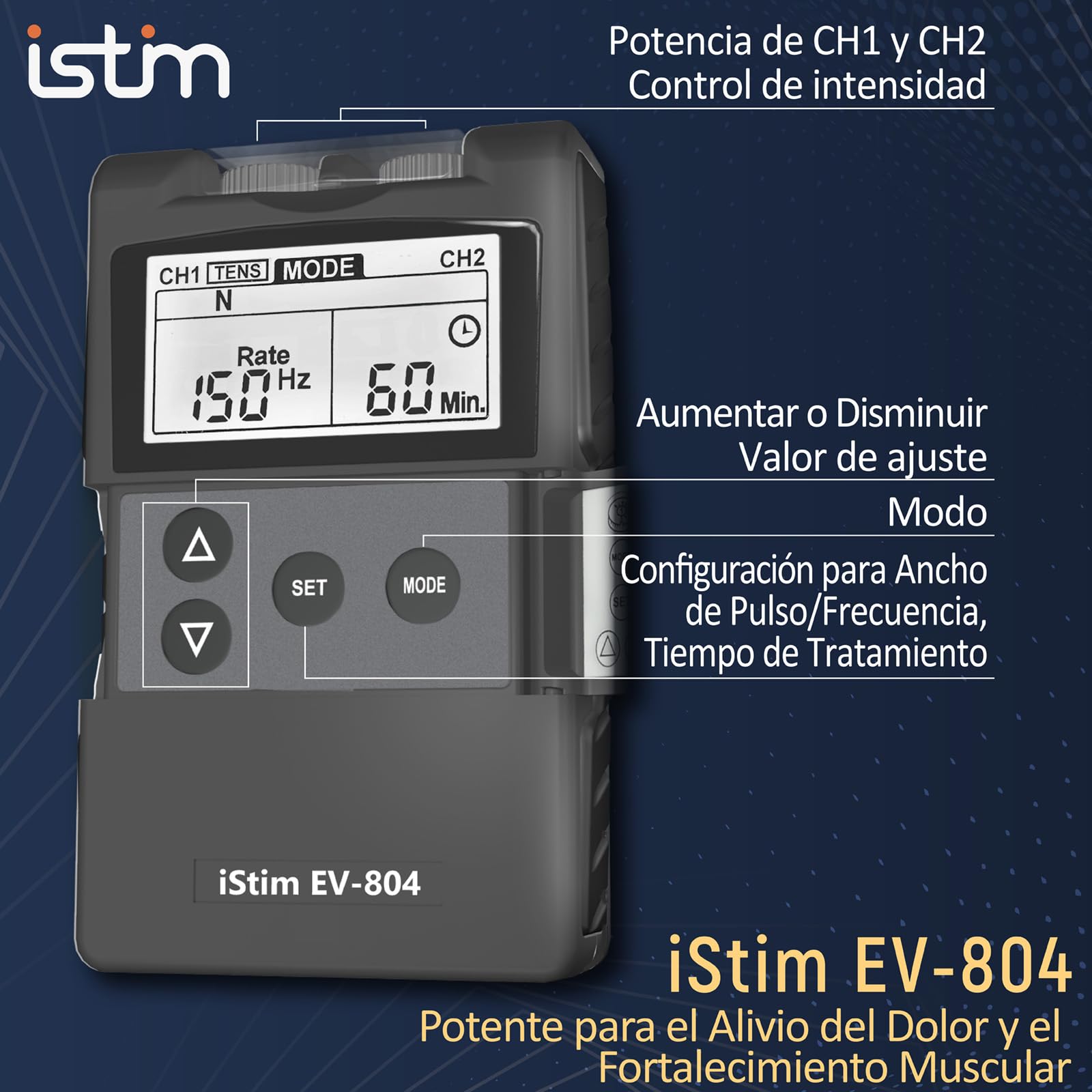 iStim EV-804 TENS/EMS Electroestimulador Muscular– Unidad Digital de 2 Canales con 8 Electrodos Reutilizables, Portátil para Alivio del Dolor, Rehabilitación, Terapia Física y Fortalecimiento Muscular