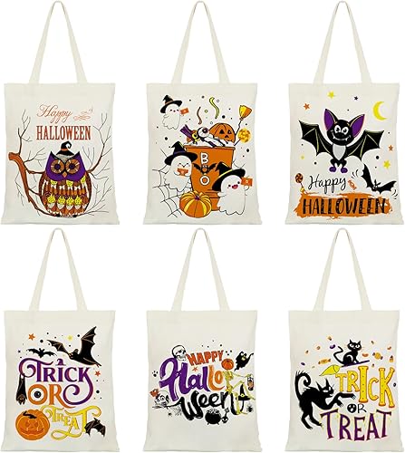 6 bolsas de lona de Halloween a granel reutilizables para dulces, bolsa de compras grande para Halloween, bolsas de truco o trato, diseño de