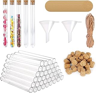 Plastic Test Tubes with Cork Stoppers: 40 Pcs 20ml Test Tubes, Plastic Test Tubes with Cork + Kraft Paper Labels + Twine + Funnels, Plastic Tubes for Scientific Tests, Candy, Bath Salt (150x16mm)