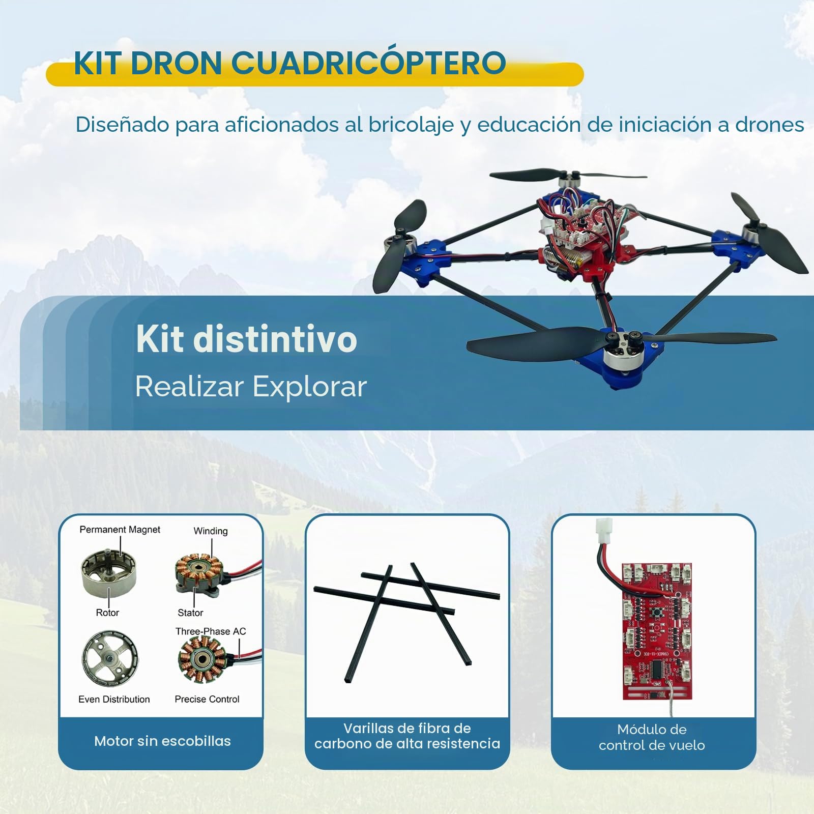 Kit de Dron Cuadricóptero DIY: un proyecto STEM único con motor sin escobillas, vuelo estacionario por flujo óptico, despegue y aterrizaje con un solo clic, y giro de 360° para que los entusiastas del