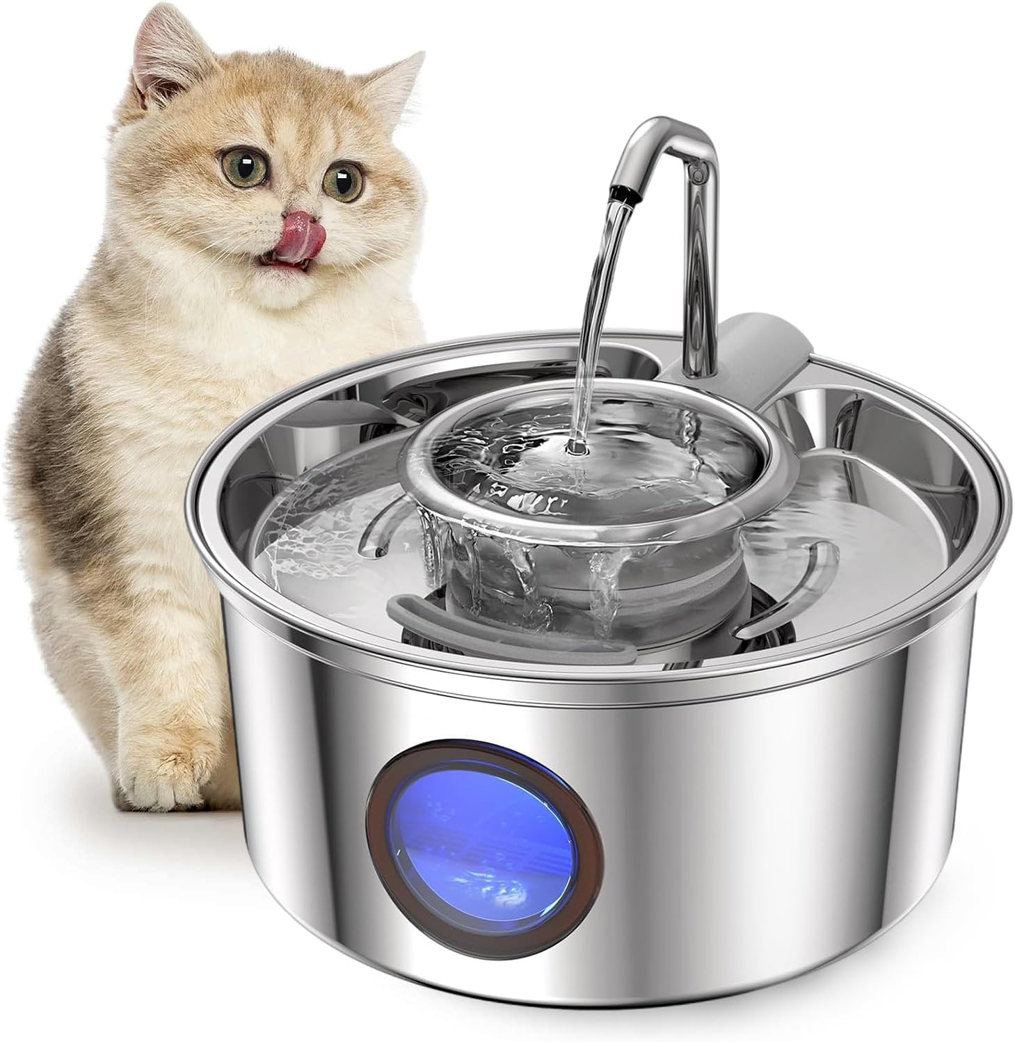 Cat Water Fountain,108oz/3.2L Stainless Steel Cat Fountain and Removable Water Bowl,Pet Fountain with Water Level Window and Dry Heating Protection,Quiet Pump,Water Tap Provides Flowing,for Dog Cats