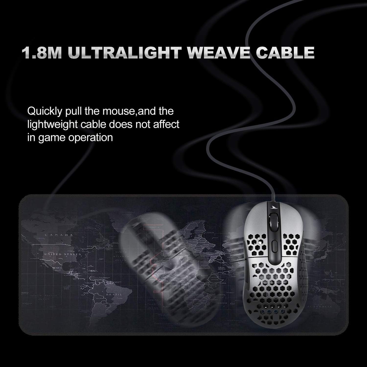 Darmoshark N1 Gaming Mouse with its ultralight Ultraweave cable on a mouse pad.