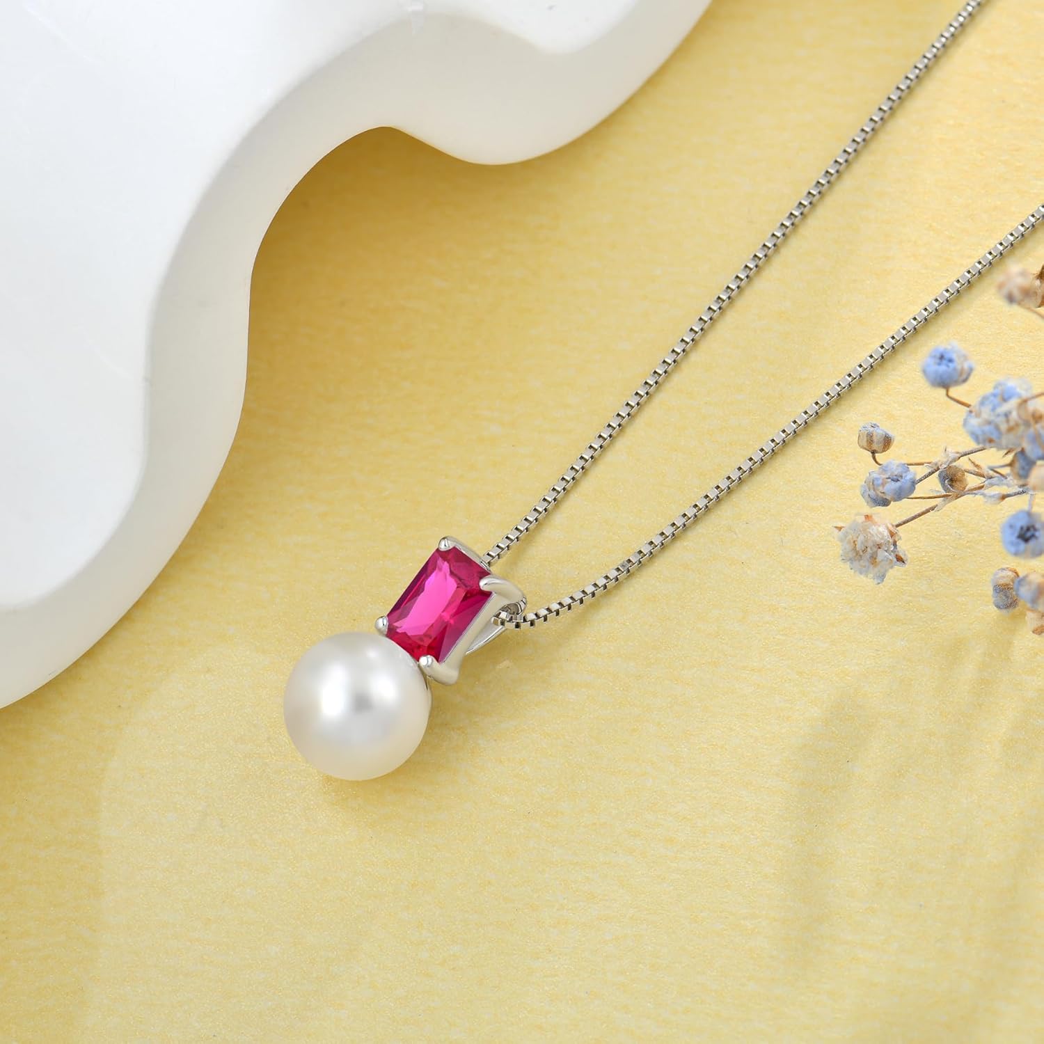 JO WISDOM Pearl Pendant Necklace 925 Sterling Silver 5 * 7mm Baguette Birthstones Necklace 9mm Freshwater Cultured Pearl Jewelry for Women - Image 4