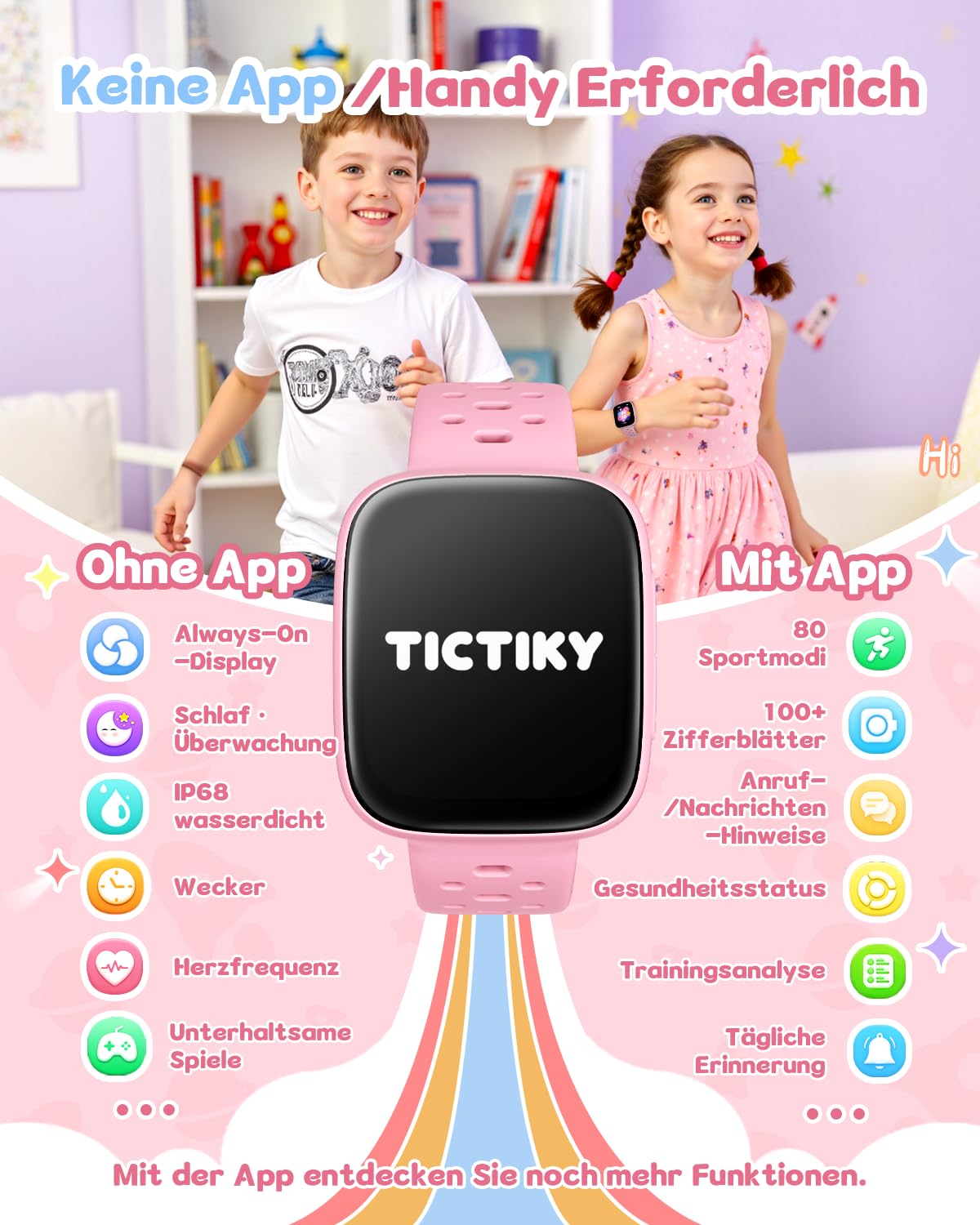 Smartwatch Kinder Ohne Handy/App nutzbar, 1,83" AMOLED Display Fitnessuhr mit IP68 wasserdicht, Schrittzähler, Herzfrequenz/Schlafmonitor, Wecker, Fitness Tracker für Mädchen 5-12