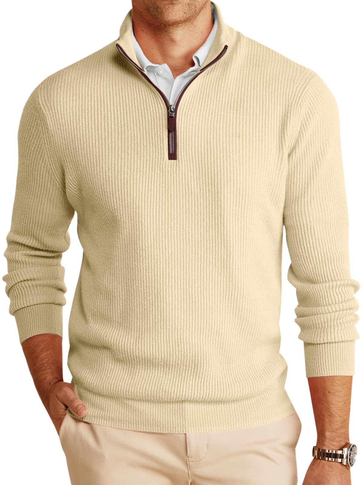 Runcati Men's Quarter-Zip Pullover Sweater Mock Neck Winter Polo Sweaters