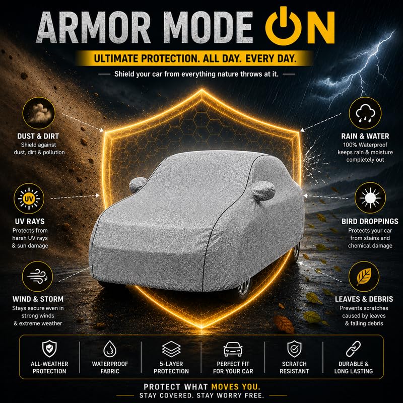 Image of Long-Life 100% Waterproof Elevate Car Body Cover for Dust & Rain, Compatible with All Models of Elevate Car Cover, Comes with Bird Droppings, Scratch, UV and Paint Protection - Silver