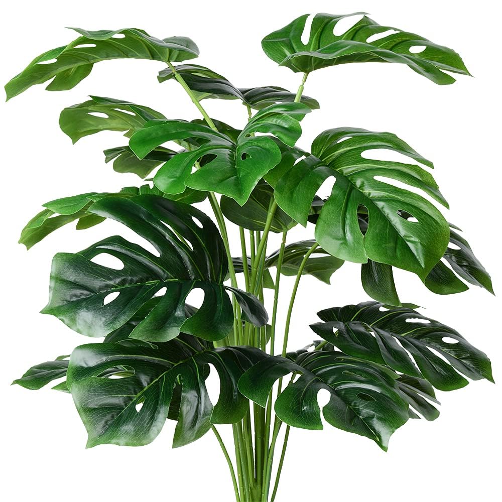 Dekorly Artificial Palm Plants - Faux Turtle Leaf, Fake Monstera Tropical Large Palm Tree Leaves for Outdoor UV Imitation Decorations (12 Leaves | Without Pot)