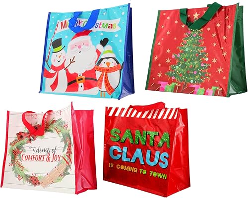 Fifth Ave Kraft Bolsas reutilizables grandes de Navidad con asas (juego de 4), Varios color