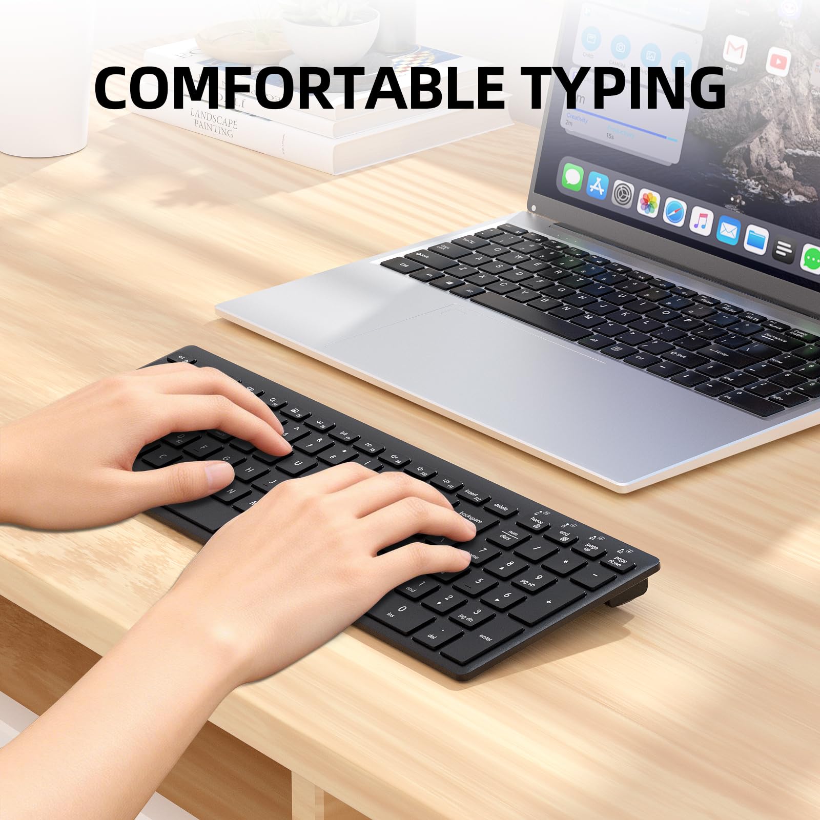 INFINMIND Tastiera Bluetooth wireless ultra sottile con compatibilità multi-dispositivo, tastierino numerico, design ergonomico, tastiera compatta per computer Windows, Mac, laptop, Android