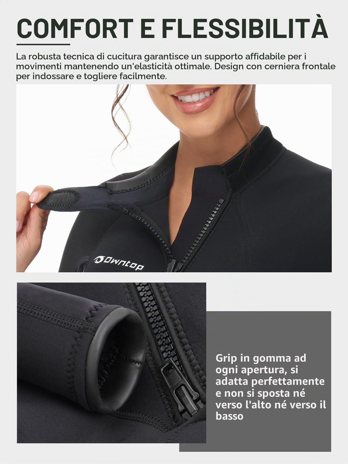 Owntop Muta da Donna 3/2mm - Muta da Sub Completa con Zip Frontale, Stretch Pro Neoprene Wetsuit Termica Lunghezza Completa per Surf Snorkeling, Donna Nero M
