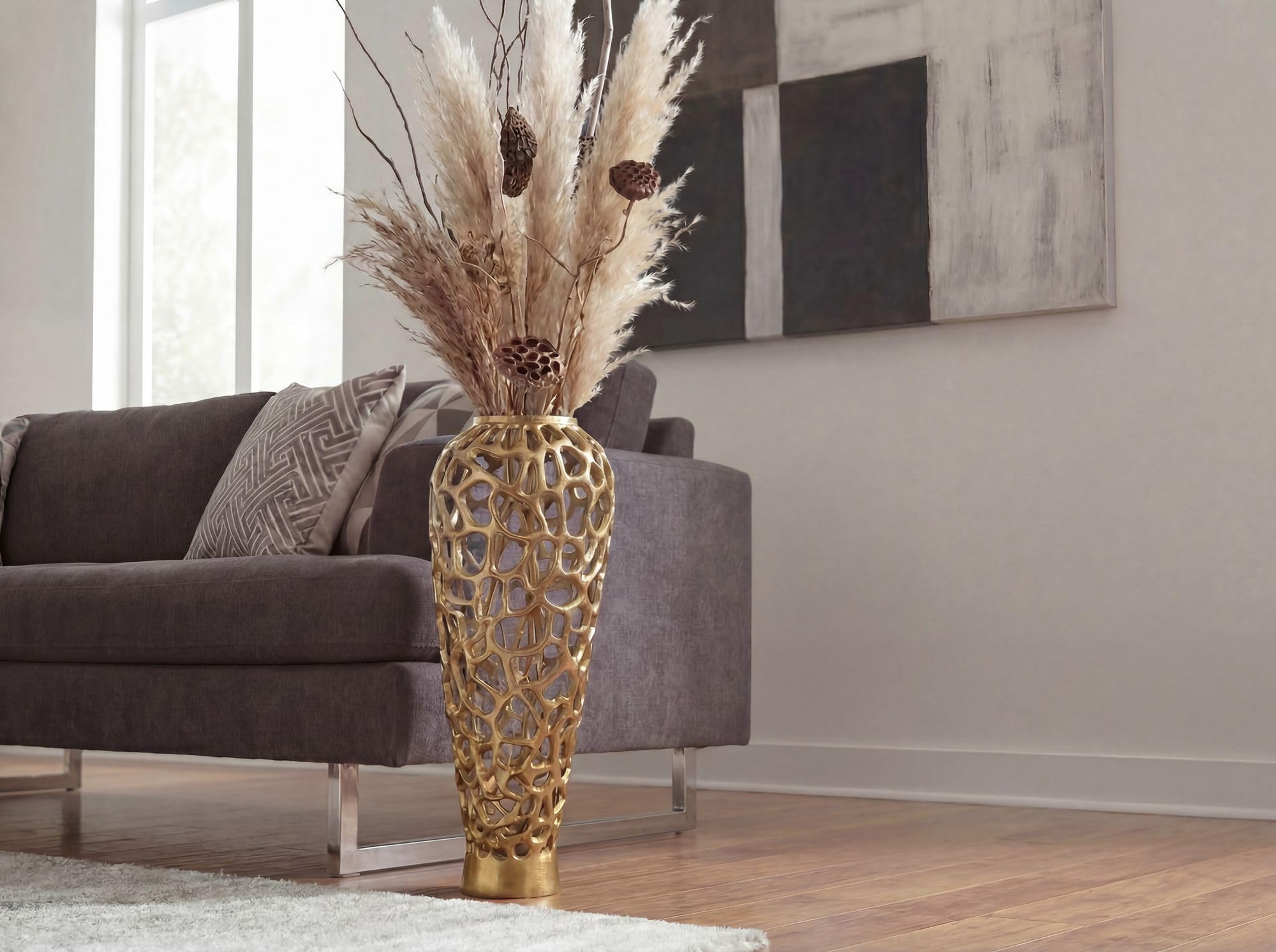 WOHNLING Bodenvase Aluminium 85cm Gold - Design Blumenvase Groß - Metallvase Modern - Dekovase rund für Trockenblumen - XXL Standvase Hoch - Wohnzimmer Deko - Wohndeko Handmade