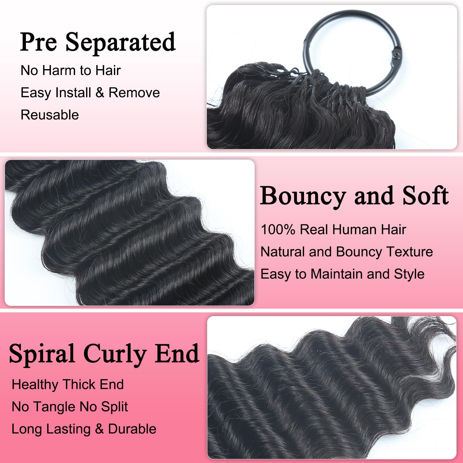 Feather Human Crochet Hair for Black Women Deep Wave Curly Bundles Pre-Separated 14 Inch 50 Strands 60g Invisible Miracle Knots Feather Crochet Human Hair Pre Looped Extensions Natural Black 1B#