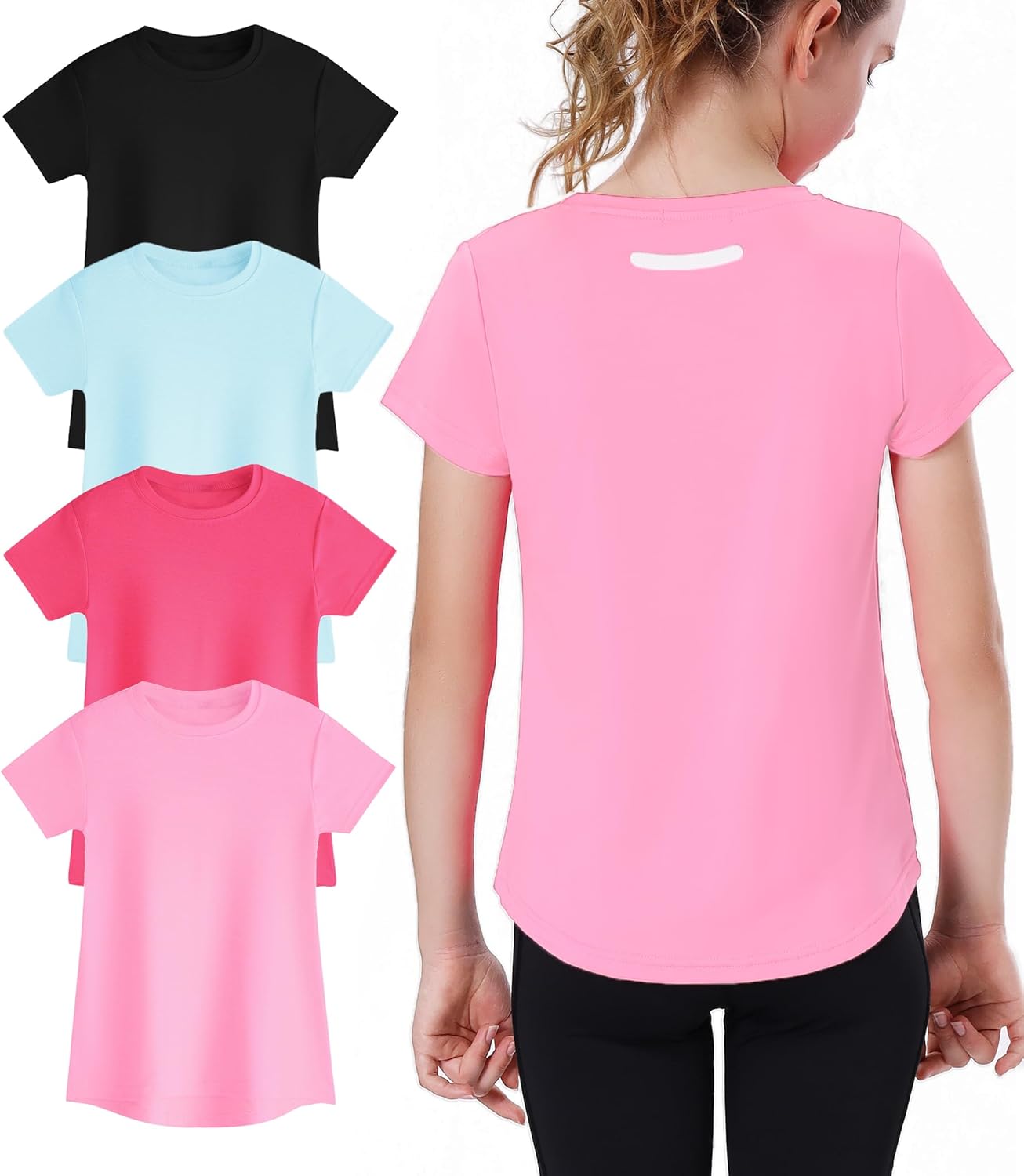 EXARUS 4 Pack Girls Athletic Shirts Quick Dry Shirts Short Sleeve T Shirts Tee Workout Activewear Tops for Tween