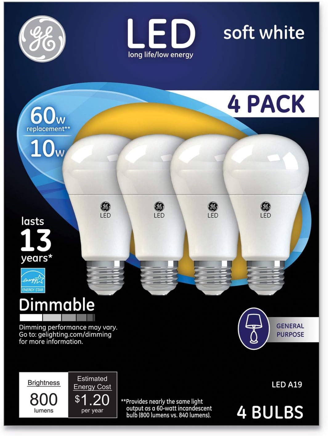 GE White Warm 10 Watt A19 Dimmable LED Bulbs 4-Pack