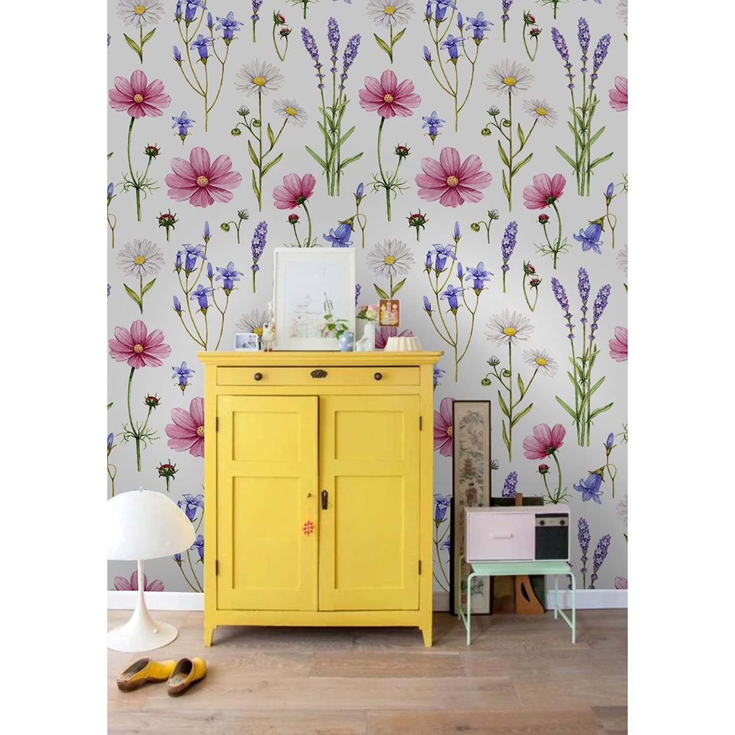 Papier Peint Auto-Adhésif pour Mur Abîmé Motif Fleurs Sauvages Violettes