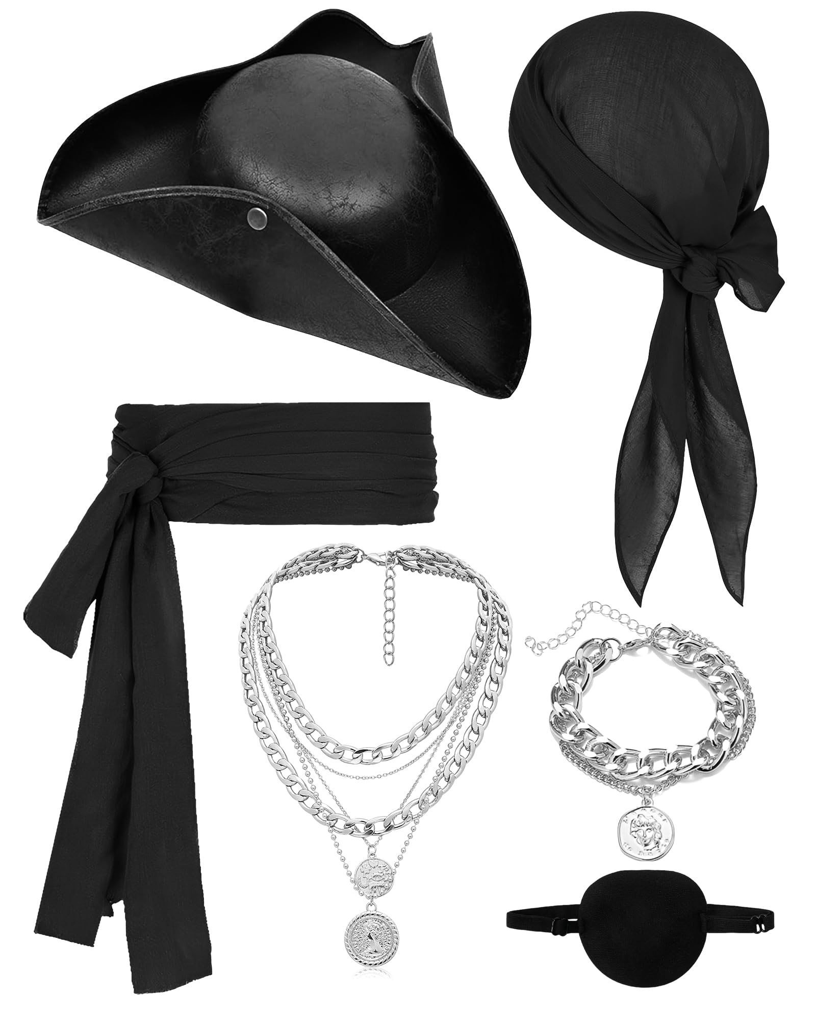 Bryndo 6 Pcs Pirate Costume Accessories Set for Women Men, Pirate Fancy Dress with Hat Bandana Head Scarf Sash Eye Patch Belt Necklace Bracelet for Cosplay Party (Black Plain) — image 1