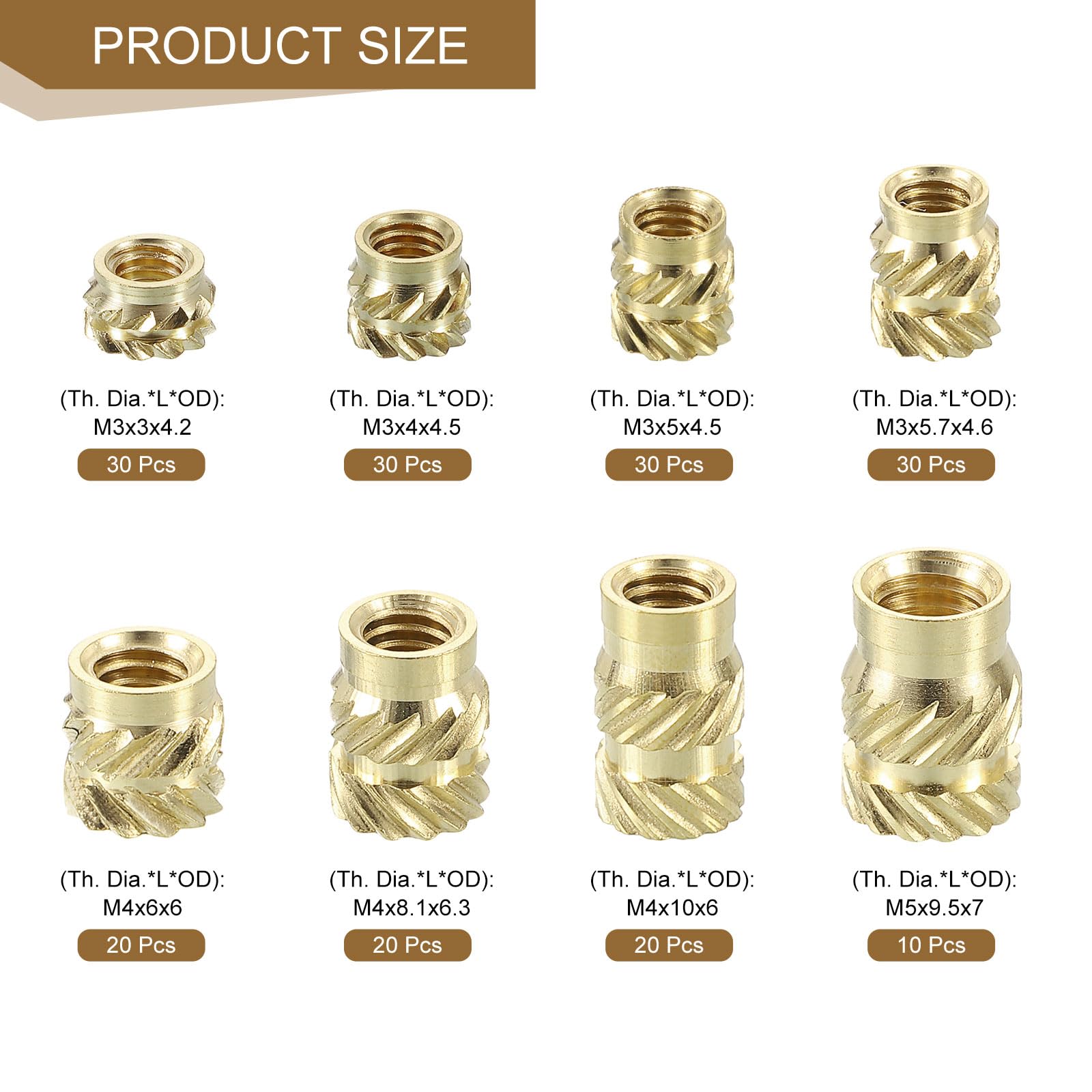 uxcell 190Pcs M3 M4 M5 Knurled Insert Nuts, Brass Knurled Threaded Embedment Nuts 3D Printing Brass Nuts for 3D Printing Parts Laptop Automotive Plastic Shell