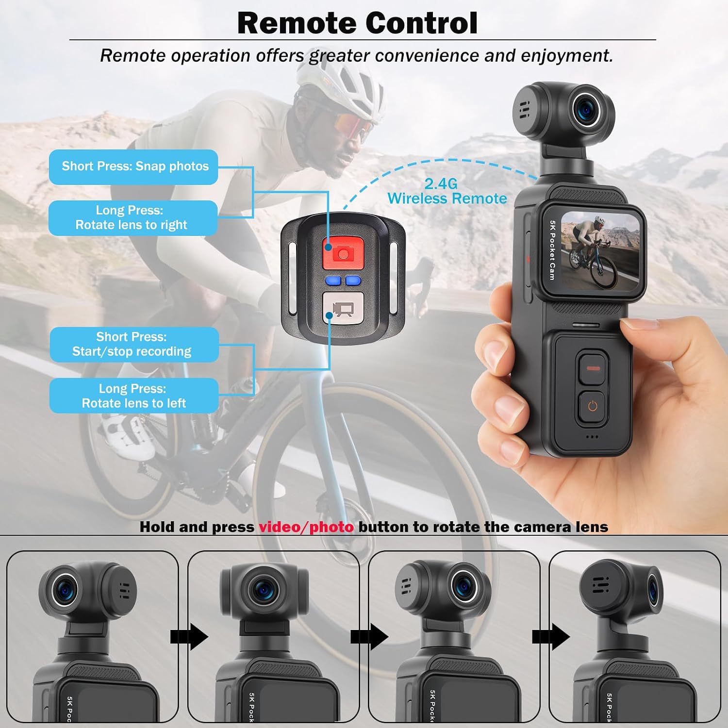 5K Vlogging Camera with Touch Screen, Pocket Action Cam Wi-Fi Body POV Camera with Electronic 270 Rotating Lens, Face Tracking, Remote Control, External MIC, 128GB Card