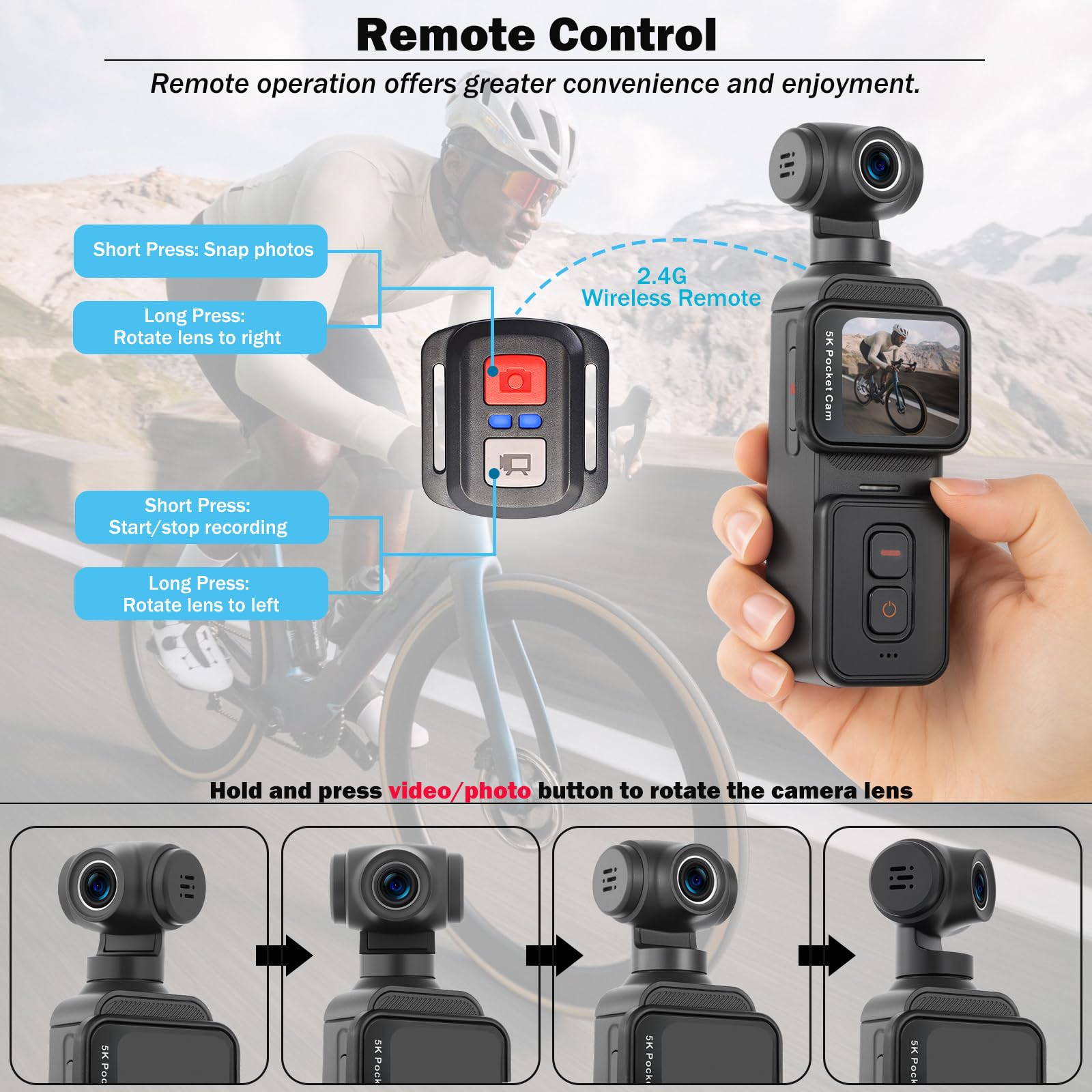 YDI Caméra Vlog 5K avec Écran Tactile, Caméra Corporelle Sport Wi-FI POV Cam avec Objectif Électrique Pivotant à 270°, Suivi du Visage, Télécommande, Microphone Externe, 64 Go