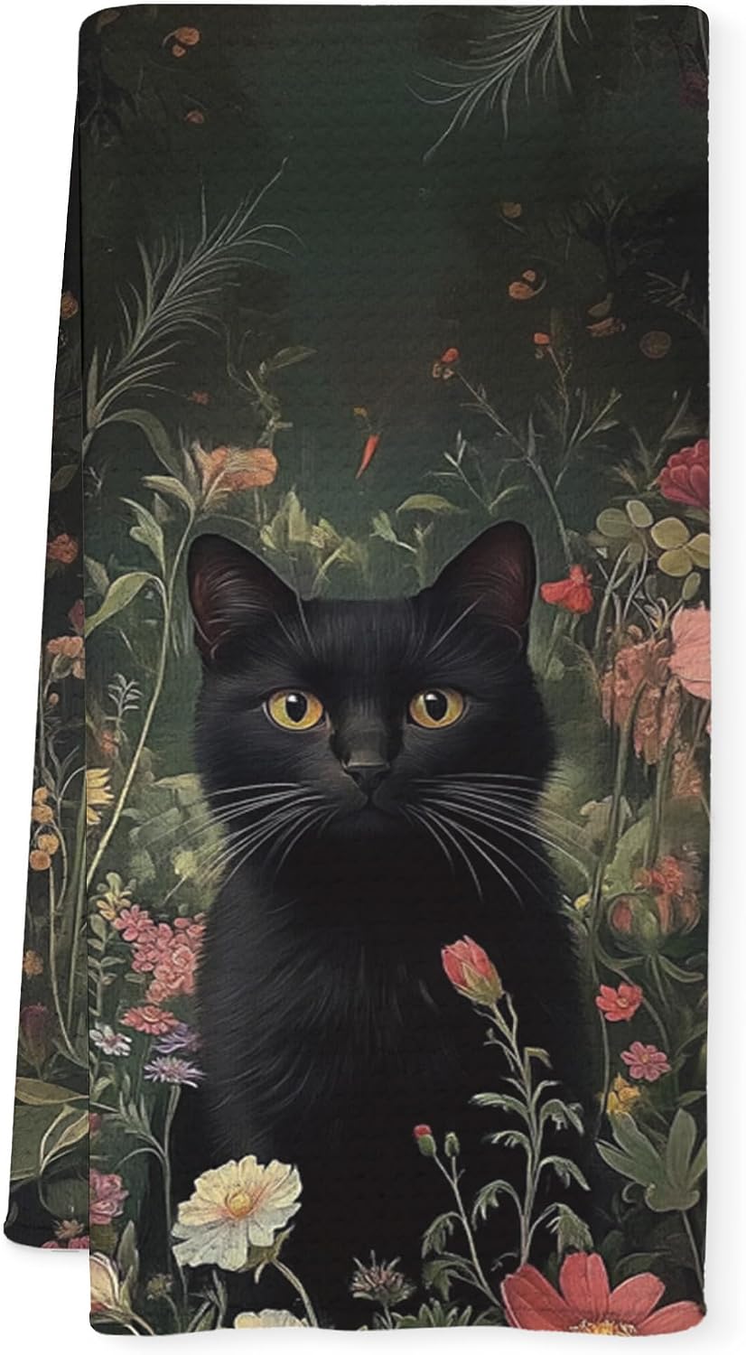 Black Cat Gifts Kitchen Towels, Floral Decorative Hand Towels for Bathroom, Cat Gift Dish Towel, 16x24 Inch