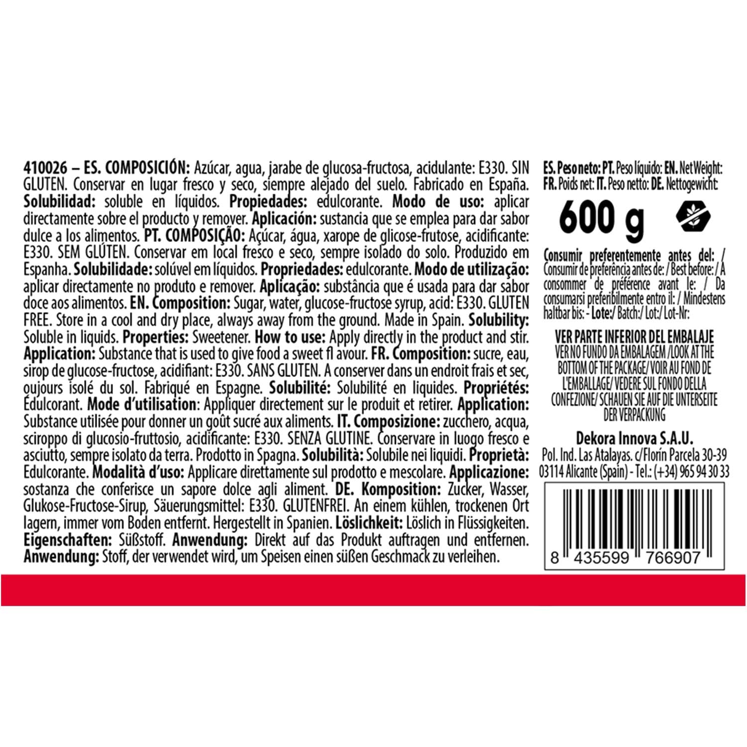 Azúcar Líquido Invertido 600 g para Pastelería y Heladería