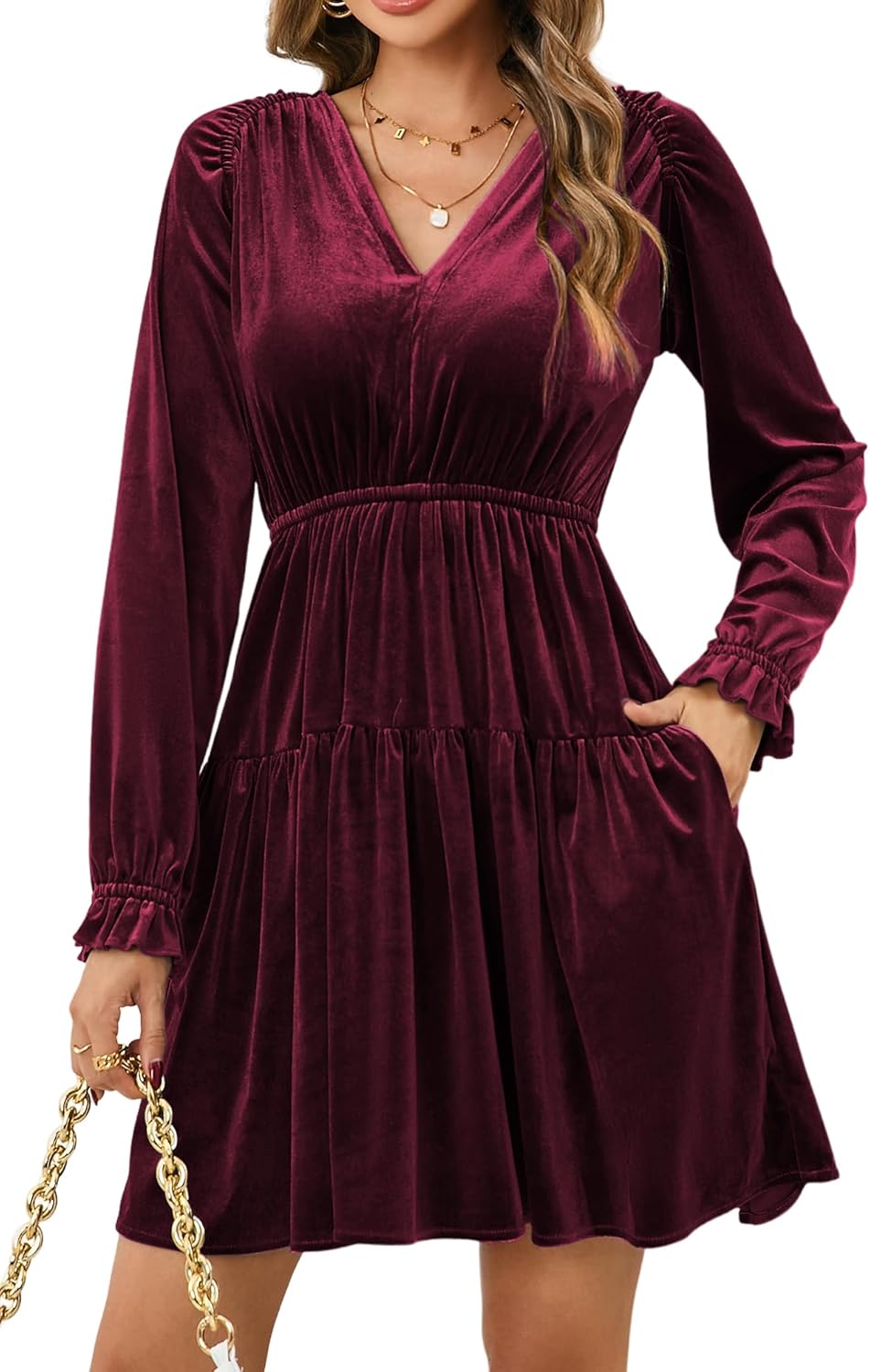 R.Vivimos Womens Fall Velvet Mini Dress V Neck Long Sleeve Elastic Waist Winter Tiered Flowy Swing A-Line Dress with Pockets