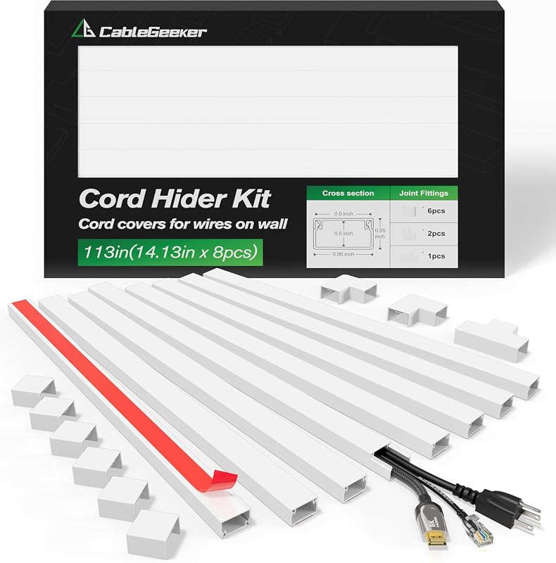 Cord Hider Kit, 113 in, Paintable Self-Adhesive Raceway, White | Low-profile 0.95 x 0.55 in PVC, holds 3-4 cables, cuttable, UL94 V-0, straight, L and T connectors for TVs and offices